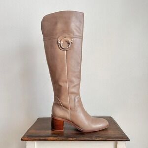 Knee High Leather Boot Tan Size 8 riding silver block campus